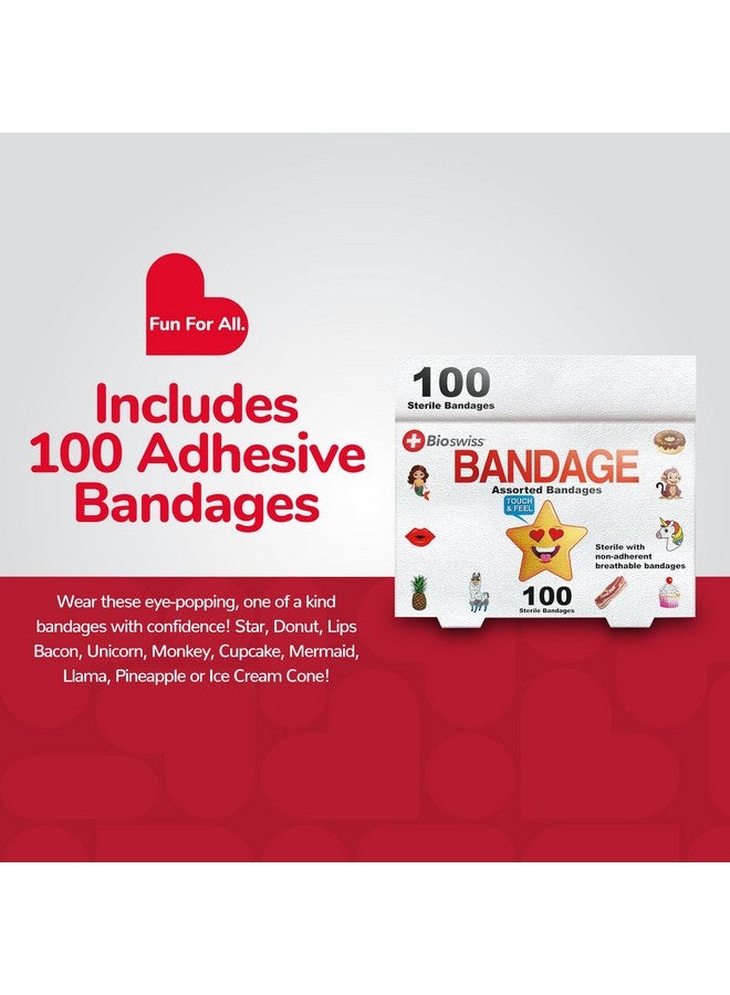 BioSwiss Bandages, Assorted Animal, Fun, and Food Shaped Self Adhesive Bandage, Latex Free Sterile Wound Care, 100 Count - Image 2