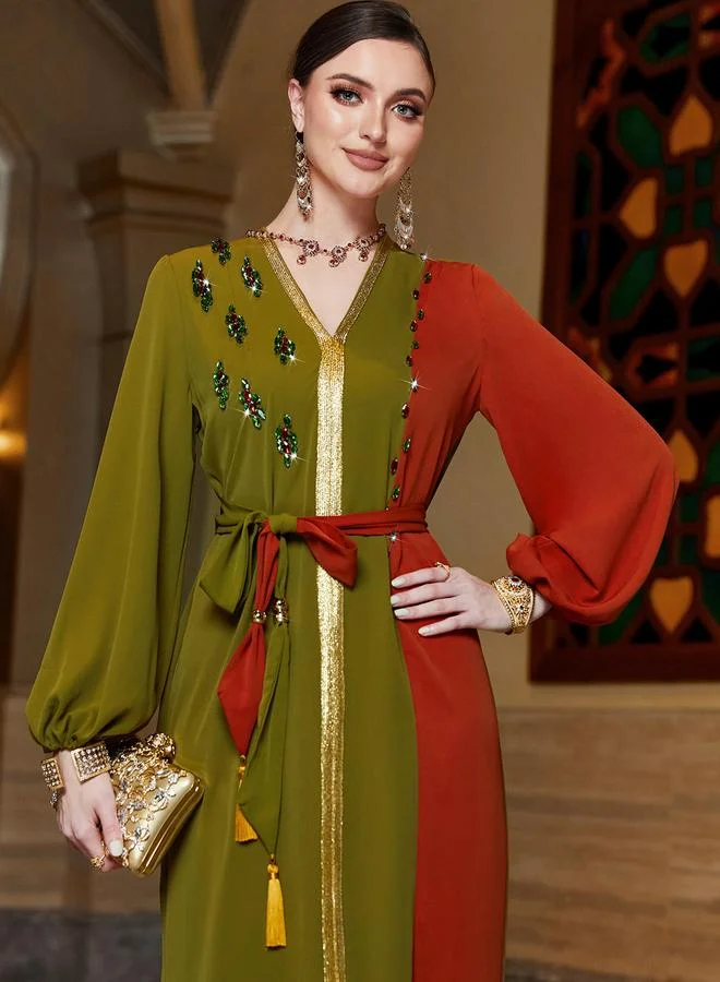 Take Two  Women Color Block Rhinestone Embellished Jalabiya for Women | Best Price UAE