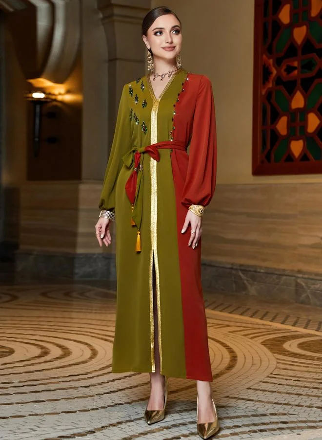 Take Two  Women Color Block Rhinestone Embellished Jalabiya for Women | Best Price UAE