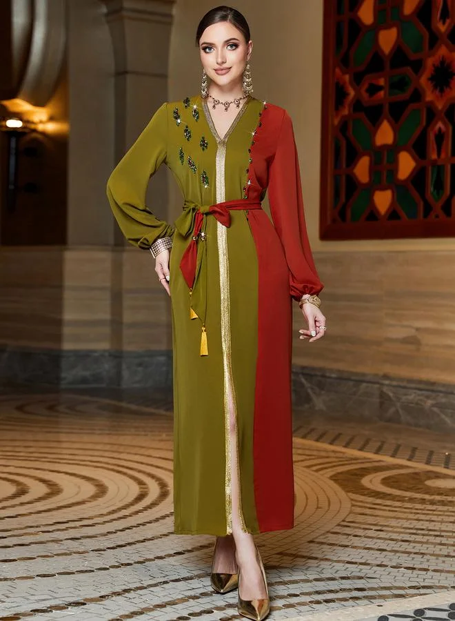 تايك تو Women Color Block Rhinestone Embellished Jalabiya