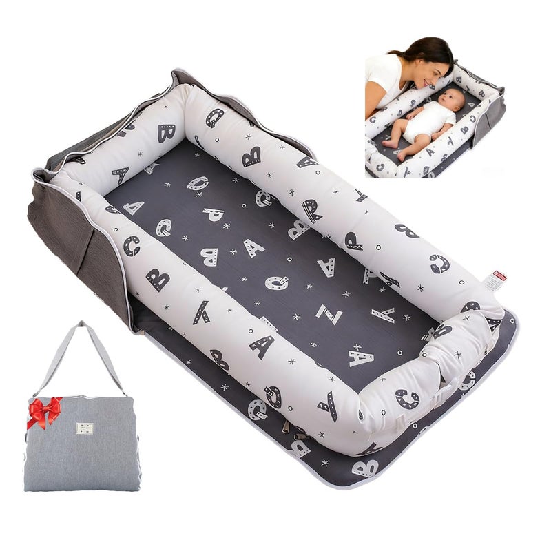 Loevin Baby Lounger for Newborn Portable Bag,Baby Nest Play Gym mat with Strap,Newborn Lounger Adjustable Size & Inner Zipper Lengthen Space to 24 Months(Letter Gray) - Image 1