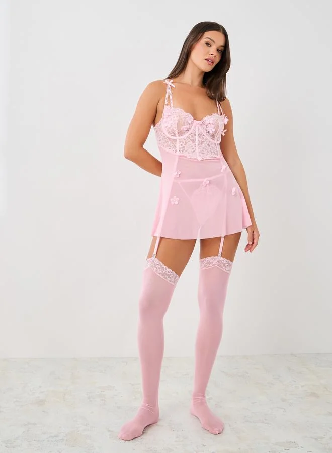 Styli Styli Floral Applique Lace Babydoll with Thong and Stockings
