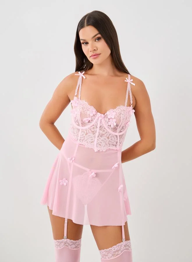 Styli Styli Floral Applique Lace Babydoll with Thong and Stockings