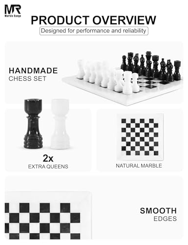 MARBLE RANGE Marble Chess Set for Adults 12" Handmade White & Black Board Game with 32 Chess Pieces, 2 Extra Queens & Storage Box, Luxury Travel Game, Elegant Gift for Home Decor - Image 4