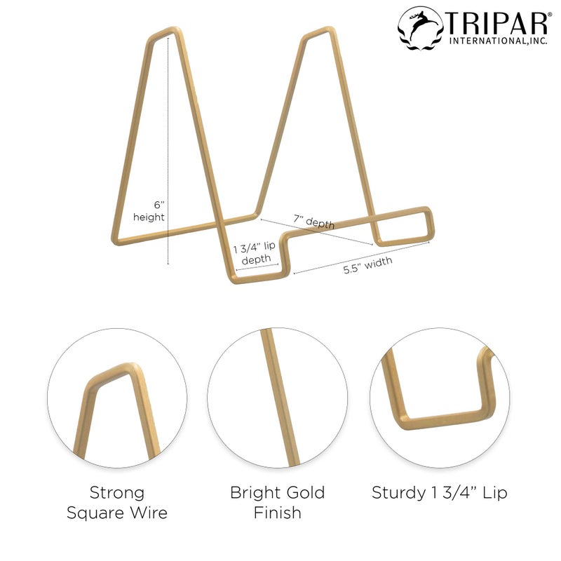 TRIPAR 6" Gold Painted Square Wire Easel Display Stand for Plates, Artwork, Picture Frame Plate Stand - Image 3