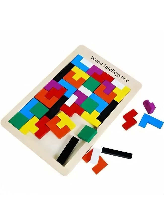 Wooden Colorful Tetris Puzzle - Educational Early Learning Toy for Kids | Safe Intellectual Development Game & Children's Gift - Image 1