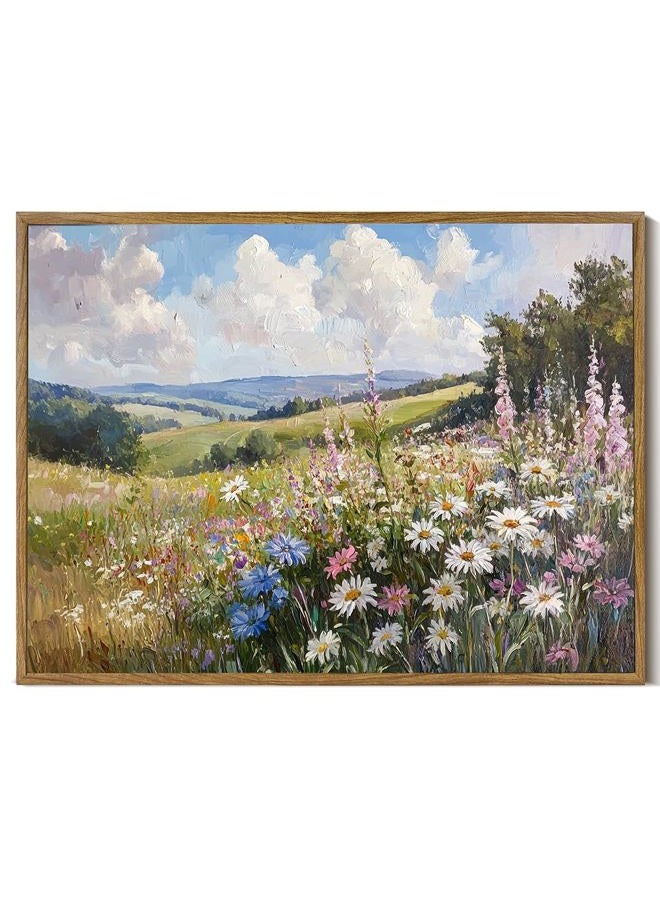 Prabahdak Framed Canvas Wall Art Prints Wildflower Oil Painting Aesthetic Room Decor Nature Rural Wilderness Landscape Poster Pictures Prints for Bathroom, Bedroom LivingRoom 8×10inch - Image 1