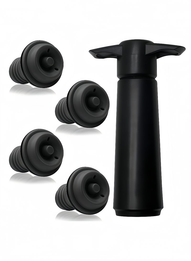 Peachjoy 4 Vacuum Stoppers with Saver Pump, Preservers Keepers Reusable Bottle Seals for Bottles to Keep Fresh (Black)