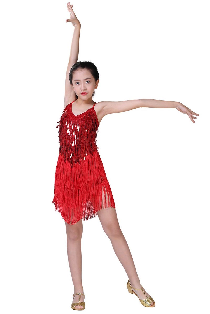 Happy Cherry Girls Dance Dress Dancewear Outfits Latin Salsa Ballroom Sequins Sparkling Red 120 - Image 1