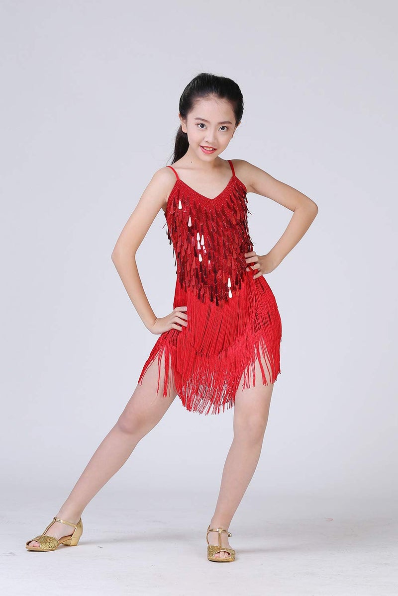 Happy Cherry Girls Dance Dress Dancewear Outfits Latin Salsa Ballroom Sequins Sparkling Red 120 - Image 4