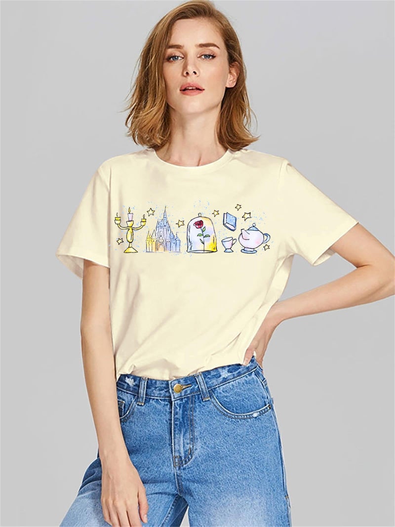JinTing Magic Kingdom Shirt for Women Believe in The Magic T Shirt Fairy Story Tee Castle Graphic Short Sleeve Tops Apricot - Image 4