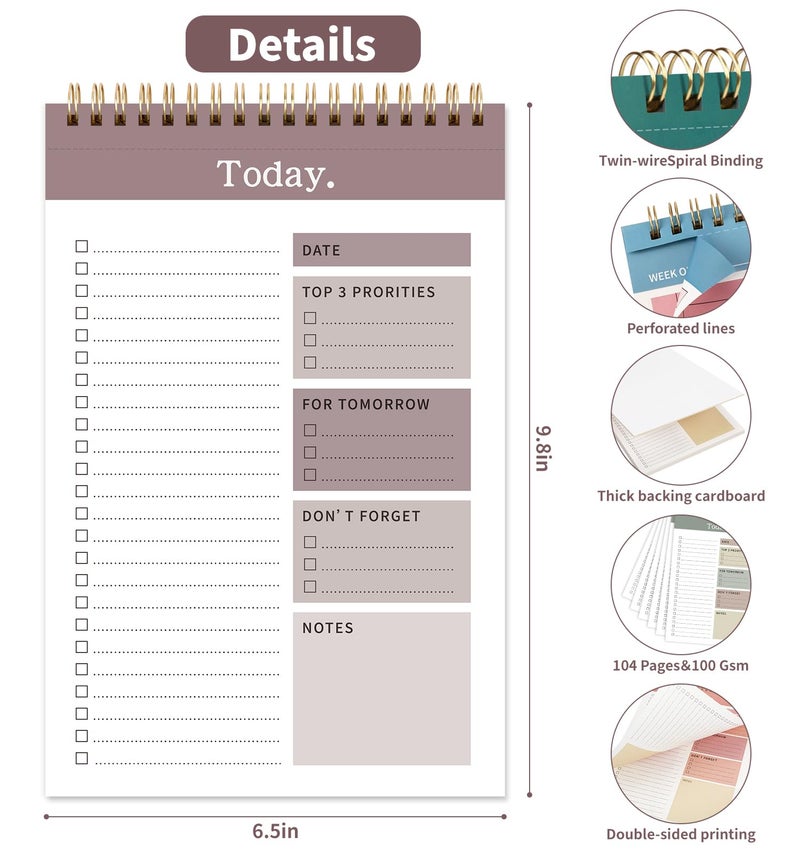 ALKALO 104 Pgs To Do List Notepad, 52 Undated Sheets Duplex-printed Daily Planner For Work Home School Office Desk Accessories Supplies & Goal Setting Tasks -Brown - Image 3
