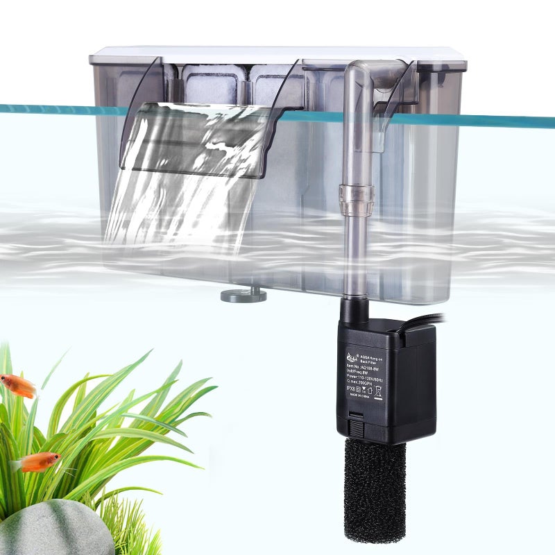 AQQA Quiet 30-50 Gallon Fish Tank Filters - Auto Start Hang on Back Aquarium Filter, Adjustable Flow, Deodorization Decontamination Filter System AQ168 (8W 200GPH) - Image 1