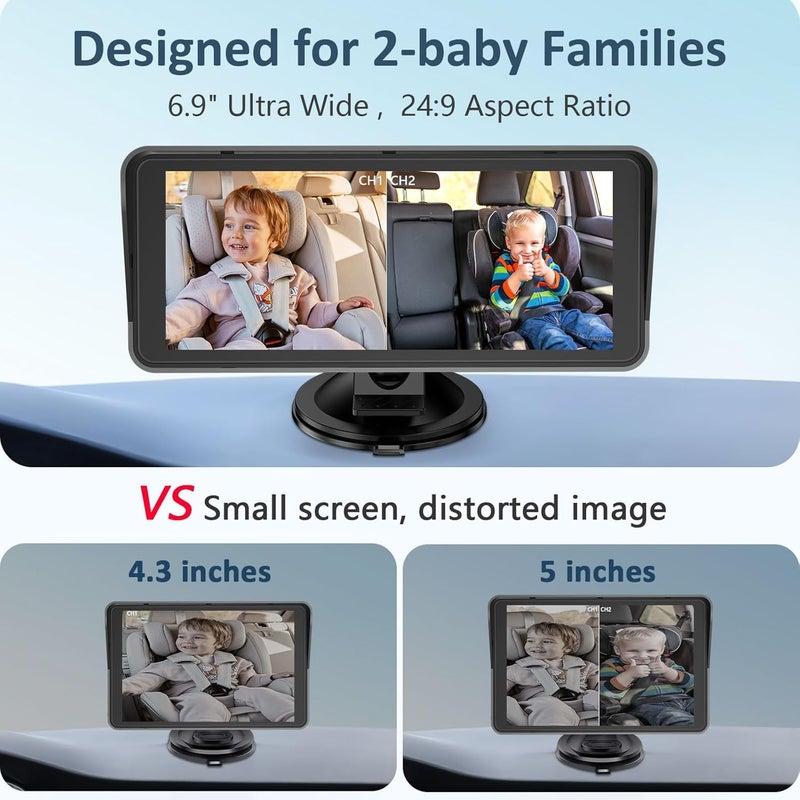 Yakry 2Kids Baby Car Camera for Seat 69 Inch Ultrawide Display with Two Cameras Rear Facing  USB Powered Backseat Camera HD 1080P Easy to Install - Image 2