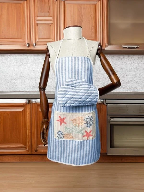 Magic Lady Blue White Striped Pocket Sea Themed Kitchen Apron