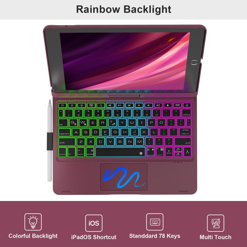 NOKBABO iPad 9th Generation Case with Keyboard 360Â° Rotatable Touchpad and 7 Color Backlight & Pencil Holder for iPad 9th/8th/7th Gen 10.2 inch & iPad Air 3rd Gen/iPad Pro 10.5 inch - Mulberry - Image 4