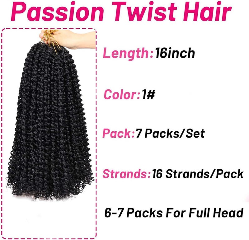 Dorsanee Black Passion Twist Hair 16 Inch 7 Packs Water Wave Crochet Hair Long Bohemian Curly Braiding Hair for Butterfly Locs, Faux Locs, Boho Style Spring Twist Crochet Braids (1#) - Image 2