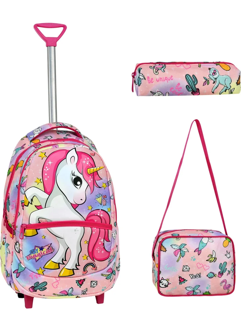 Çantaland 3-Piece School Set with Trolley, Unicorn Patterned Primary School Bag + Lunch Box + Pencil Case