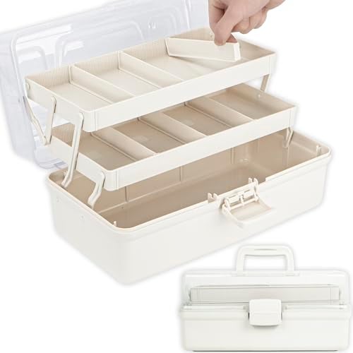 TERGOO 12.5in 3-Layer Multipurpose Craft Organizers and Storage with Adjustable Dividers, Portable Tackle Box, Folding Art & Craft Case for Medicine, Tool, Sewing Organizer (White) - Image 1