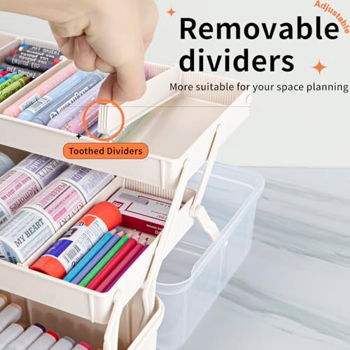 TERGOO 12.5in 3-Layer Multipurpose Craft Organizers and Storage with Adjustable Dividers, Portable Tackle Box, Folding Art & Craft Case for Medicine, Tool, Sewing Organizer (White) - Image 4