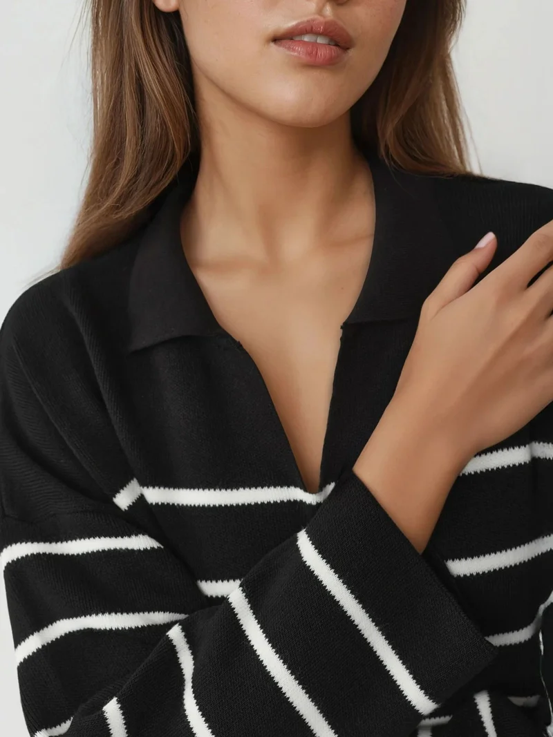 My Fashion Black MY FASHION Striped V-Neck Loose Fit Midi Knit Dress with Slit for Women | Best Price UAE
