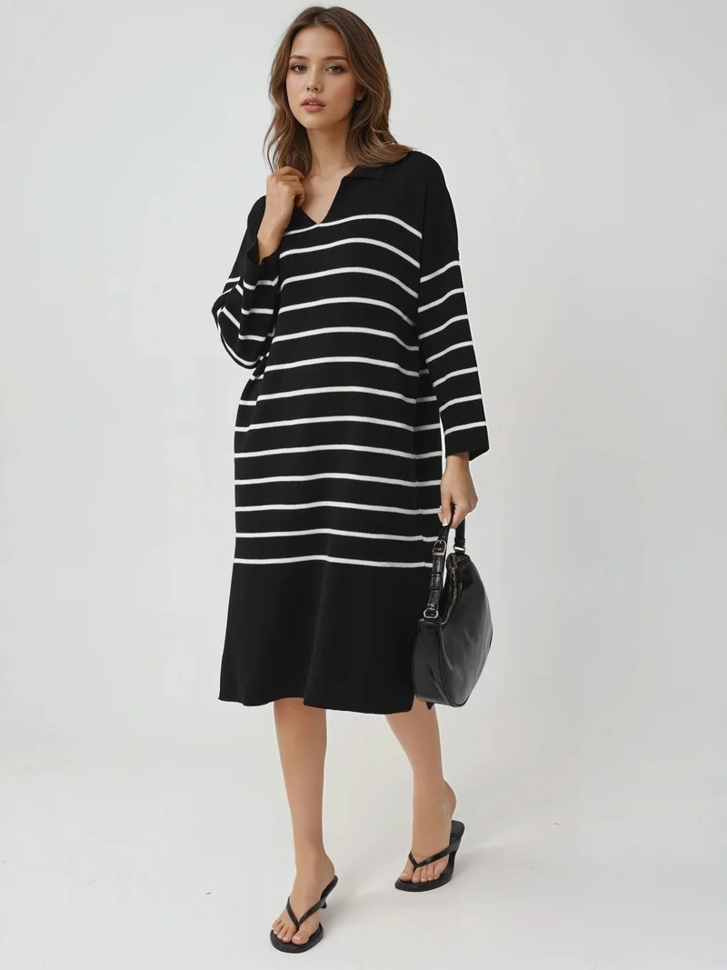 موضتي MY FASHION Striped V-Neck Loose Fit Midi Knit Dress with Slit