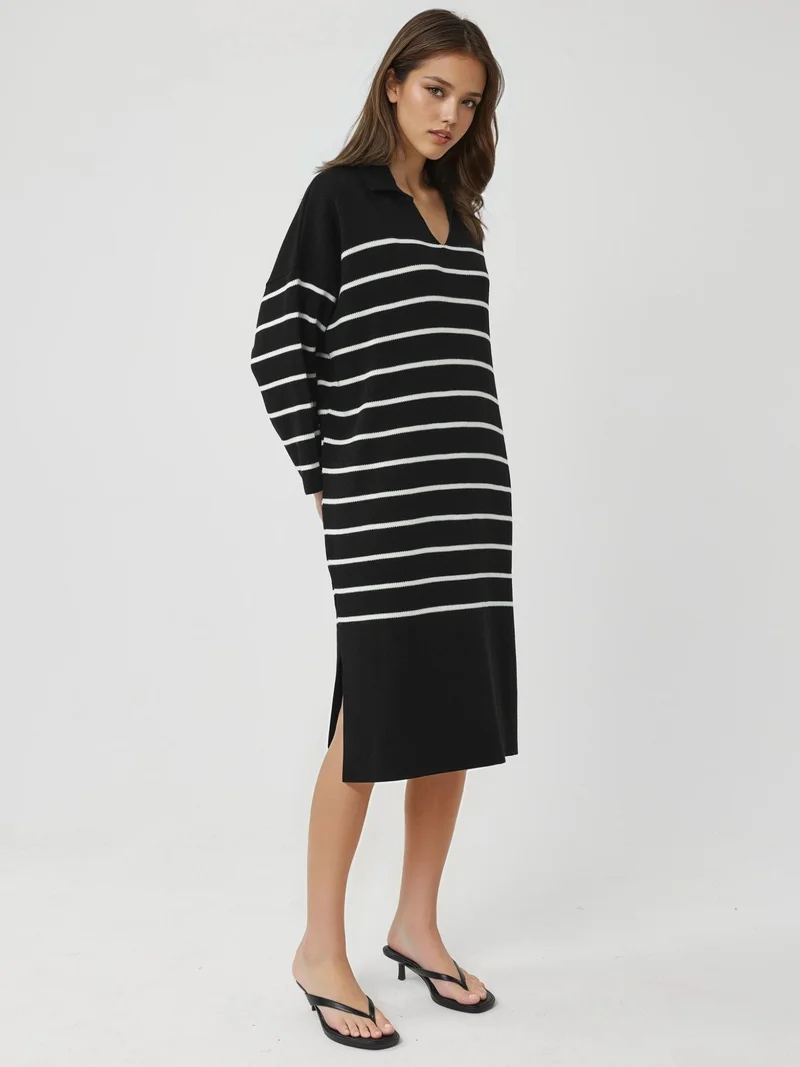 My Fashion Black MY FASHION Striped V-Neck Loose Fit Midi Knit Dress with Slit for Women | Best Price UAE