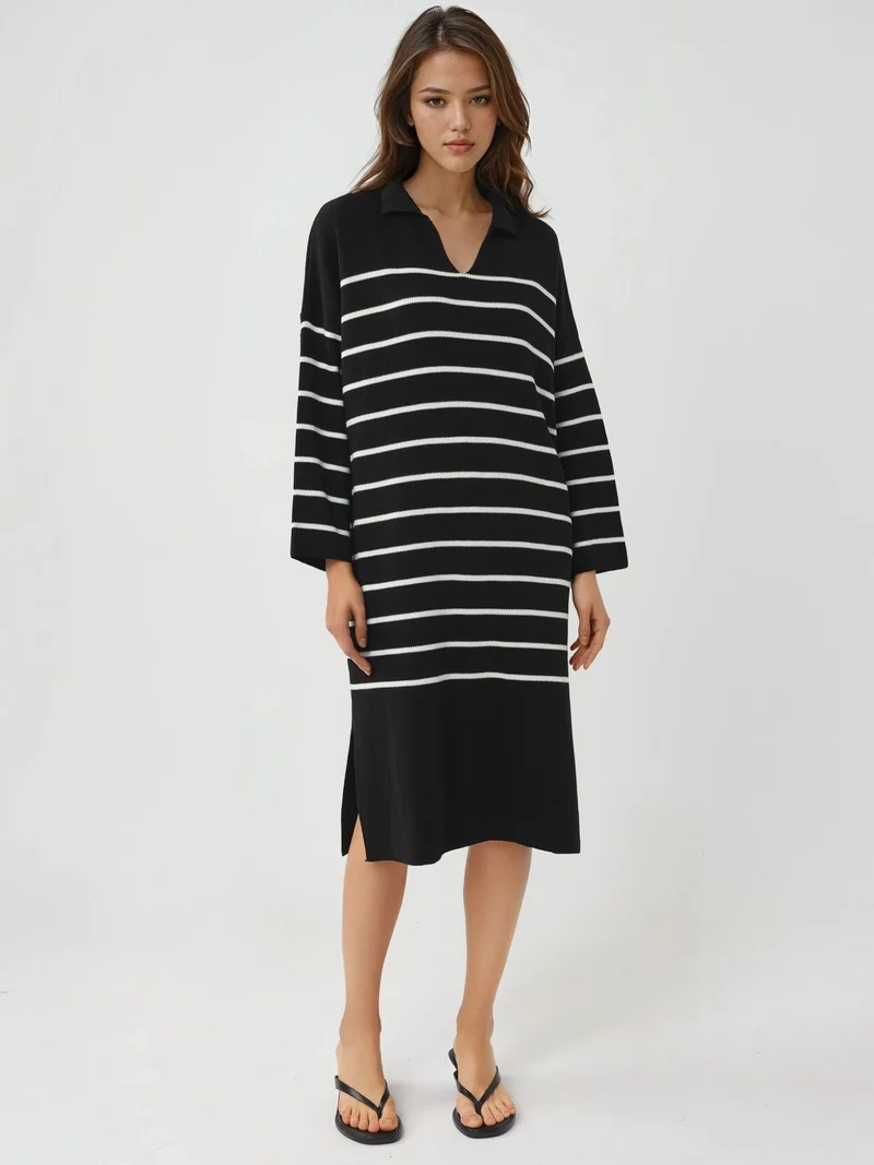 My Fashion Black MY FASHION Striped V-Neck Loose Fit Midi Knit Dress with Slit for Women | Best Price UAE