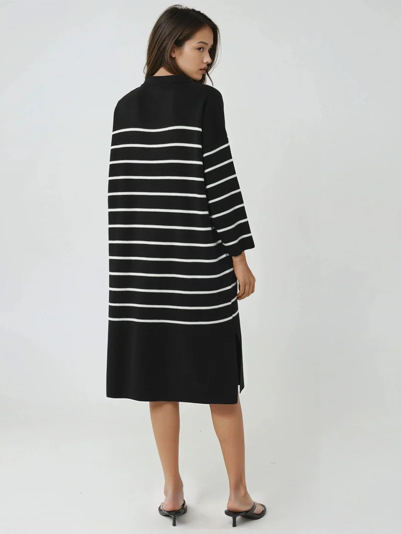 My Fashion Black MY FASHION Striped V-Neck Loose Fit Midi Knit Dress with Slit for Women | Best Price UAE