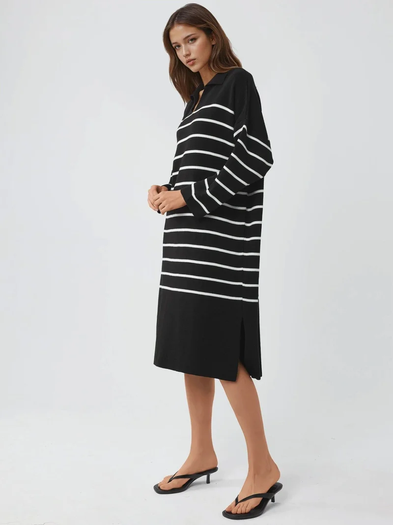 موضتي MY FASHION Striped V-Neck Loose Fit Midi Knit Dress with Slit