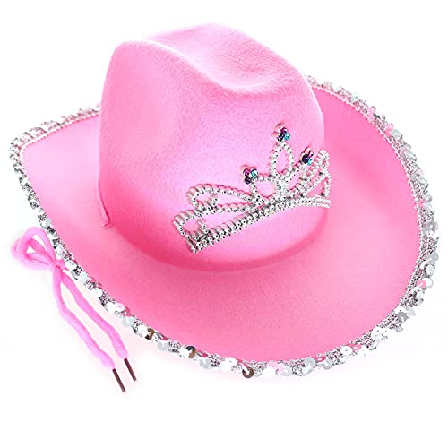 GiftExpress Pink Cowboy Hat With Tiara - CHILD SIZE, Pinky Felt Cowboy Hat for Western Costume, CowGirl Pretend Plays - Image 1