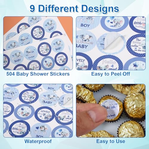 Gosknor 504pcs Boy Baby Shower Stickers for Favors, Blue Lovely Welcome Baby Stickers Round Little Baby Boy Newborn Labels for Chocolate Candy Gift Wrapping Scrapbooking Envelope Birthday Party (Elephant) - Image 3