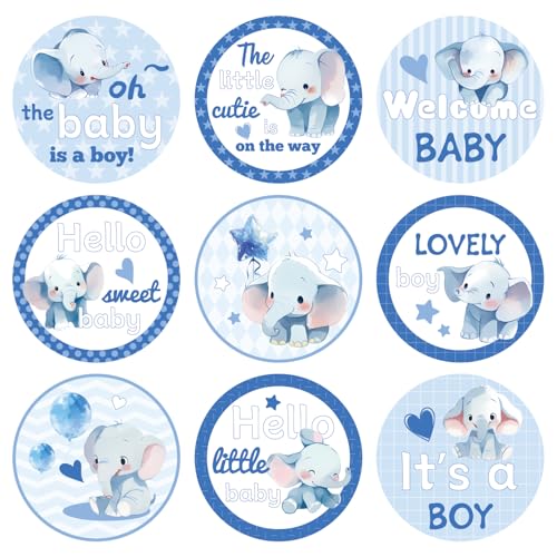 Gosknor 504pcs Boy Baby Shower Stickers for Favors, Blue Lovely Welcome Baby Stickers Round Little Baby Boy Newborn Labels for Chocolate Candy Gift Wrapping Scrapbooking Envelope Birthday Party (Elephant) - Image 1