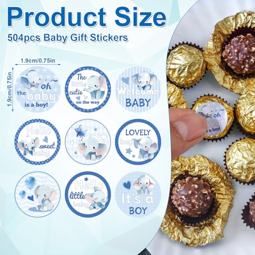 Gosknor 504pcs Boy Baby Shower Stickers for Favors, Blue Lovely Welcome Baby Stickers Round Little Baby Boy Newborn Labels for Chocolate Candy Gift Wrapping Scrapbooking Envelope Birthday Party (Elephant) - Image 2