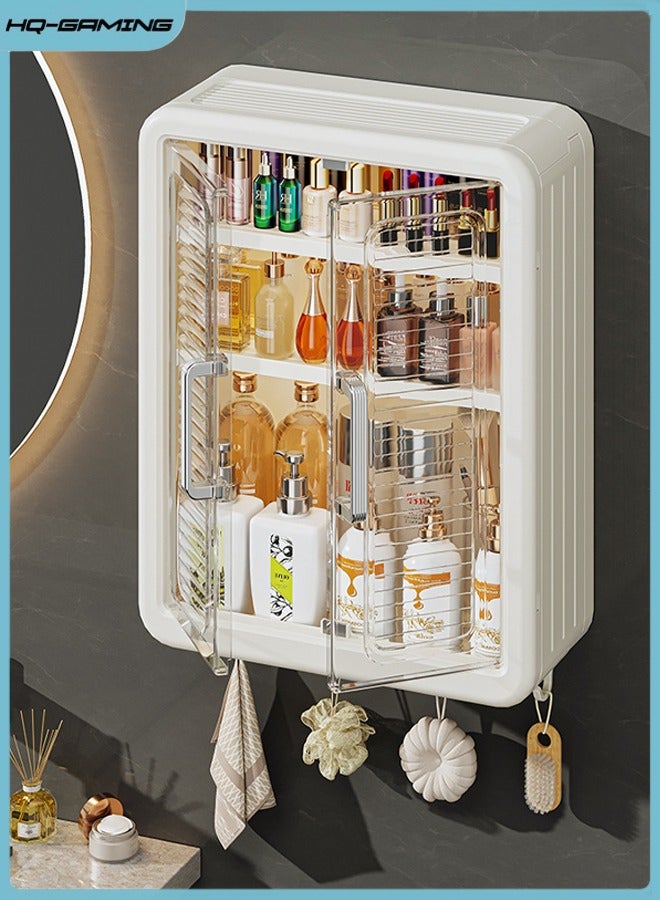 HQ-GAMING Bathroom Kitchen Wall Mounted Shelves Rack with Hooks Bathroom Storage Rack Large Capacity Bathroom Wall Cabinet No Drilling Storage Shelf Bathroom Organizer Rack Dust and Moisture Proof Shelf  (Beige)  - Image 1
