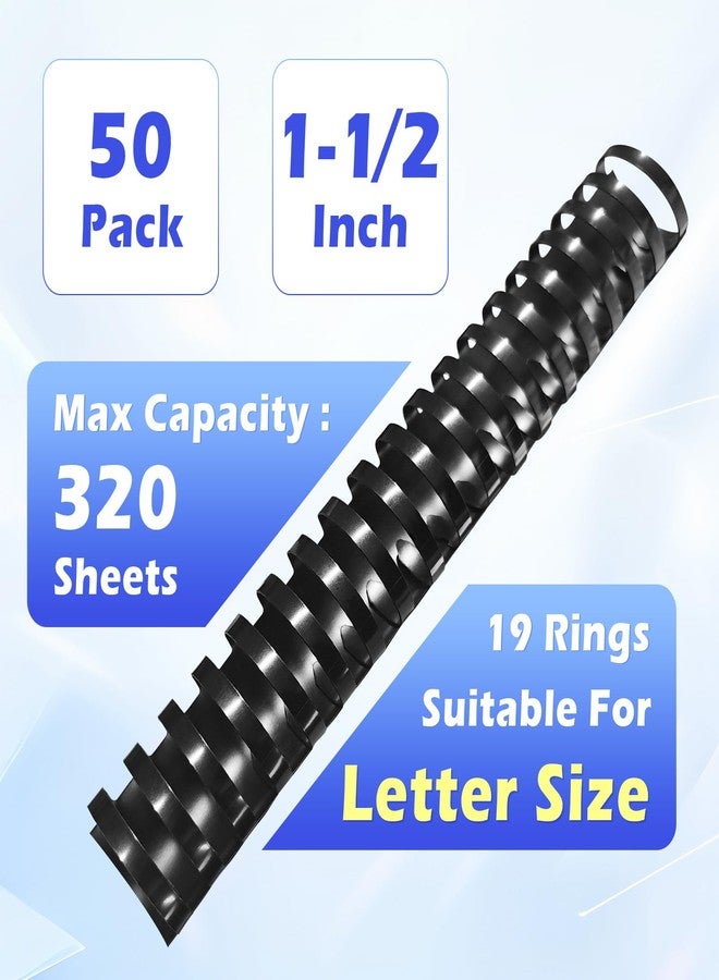 TOTiyea 50 Pack 19 Ring Plastic Binding Combs, 1-1/2 Inch Diameter, 320 Sheet Capacity, Letter Size, Black Comb Binding Spines - Image 2