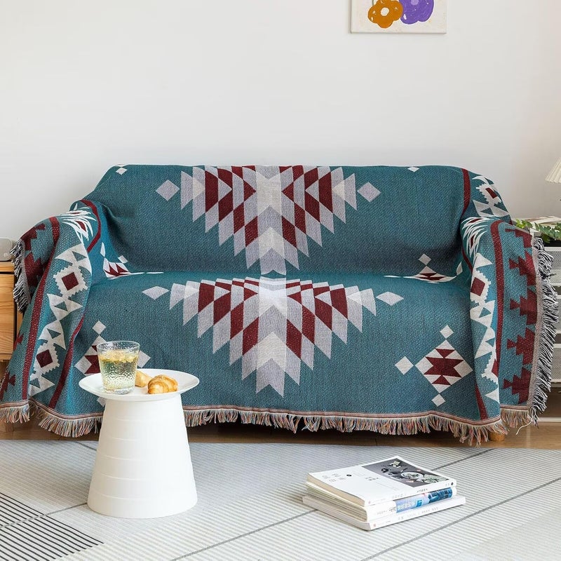 VC Life VClife Boho Couch Cover, Modern Cotton Linen Couch Cover for 3-4 Cushion Couch Sofa Cover with Tassel, Blue Red Gray Plaid Triangle Sofa Slipcover for Sectional Sofa L Shape Sofa Cover 71"x 150" - Image 1