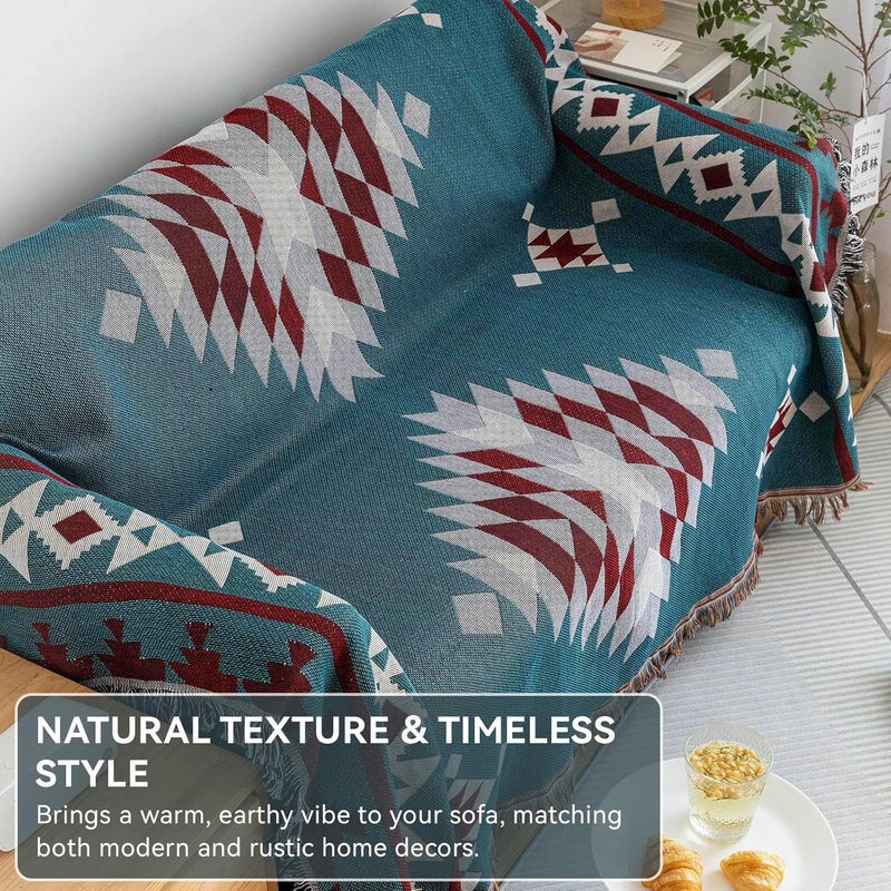 VC Life VClife Boho Couch Cover, Modern Cotton Linen Couch Cover for 3-4 Cushion Couch Sofa Cover with Tassel, Blue Red Gray Plaid Triangle Sofa Slipcover for Sectional Sofa L Shape Sofa Cover 71"x 150" - Image 2