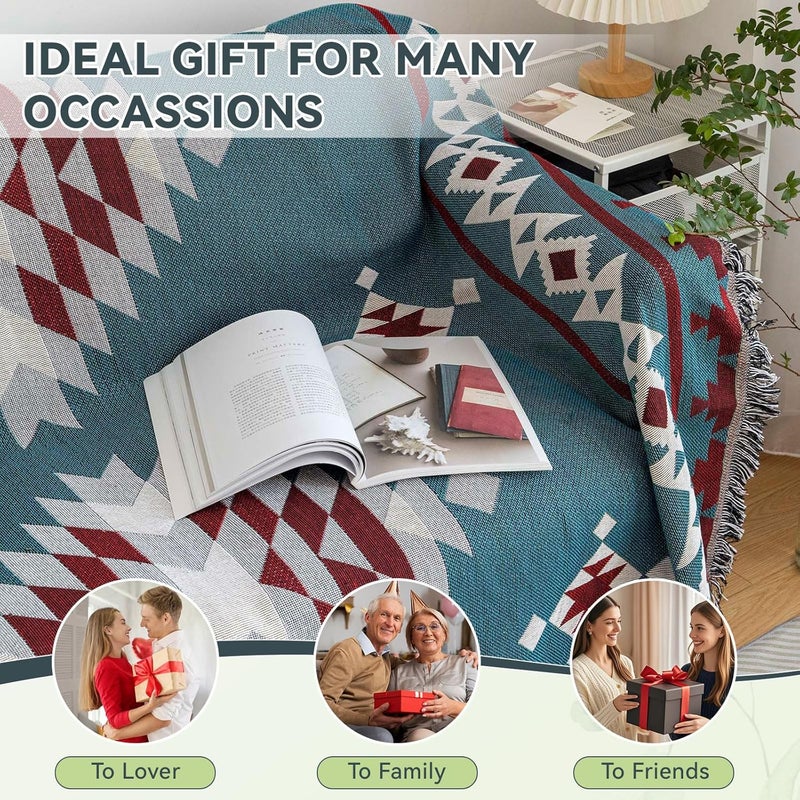 VC Life VClife Boho Couch Cover, Modern Cotton Linen Couch Cover for 3-4 Cushion Couch Sofa Cover with Tassel, Blue Red Gray Plaid Triangle Sofa Slipcover for Sectional Sofa L Shape Sofa Cover 71"x 150" - Image 5
