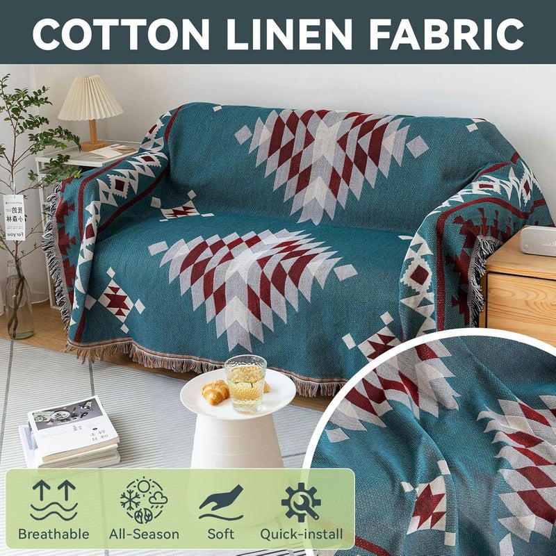 VC Life VClife Boho Couch Cover, Modern Cotton Linen Couch Cover for 3-4 Cushion Couch Sofa Cover with Tassel, Blue Red Gray Plaid Triangle Sofa Slipcover for Sectional Sofa L Shape Sofa Cover 71"x 150" - Image 4