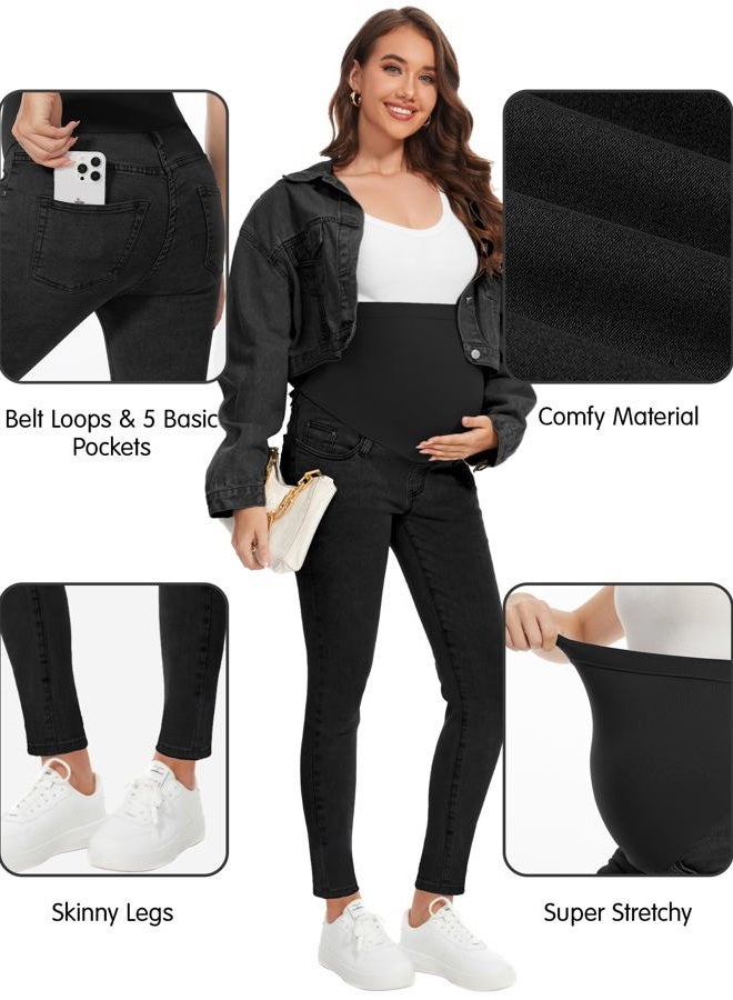 PACBREEZE Women's Maternity Jeans Over Belly with Belt Loops Skinny Denim Comfy Jeggings Stretch Pregnancy Pants (Black, Large) - Image 5