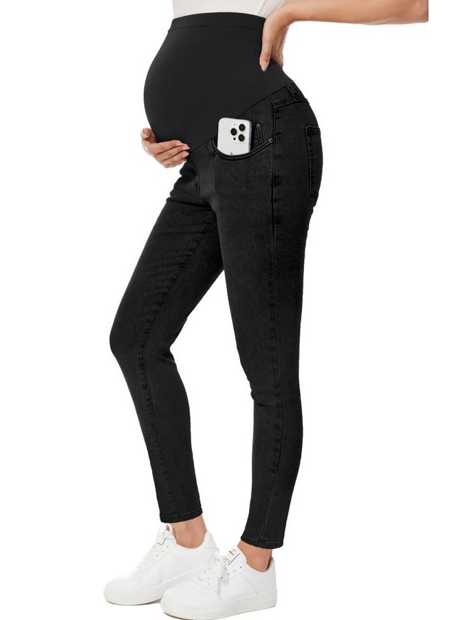 PACBREEZE Women's Maternity Jeans Over Belly with Belt Loops Skinny Denim Comfy Jeggings Stretch Pregnancy Pants (Black, Large) - Image 1