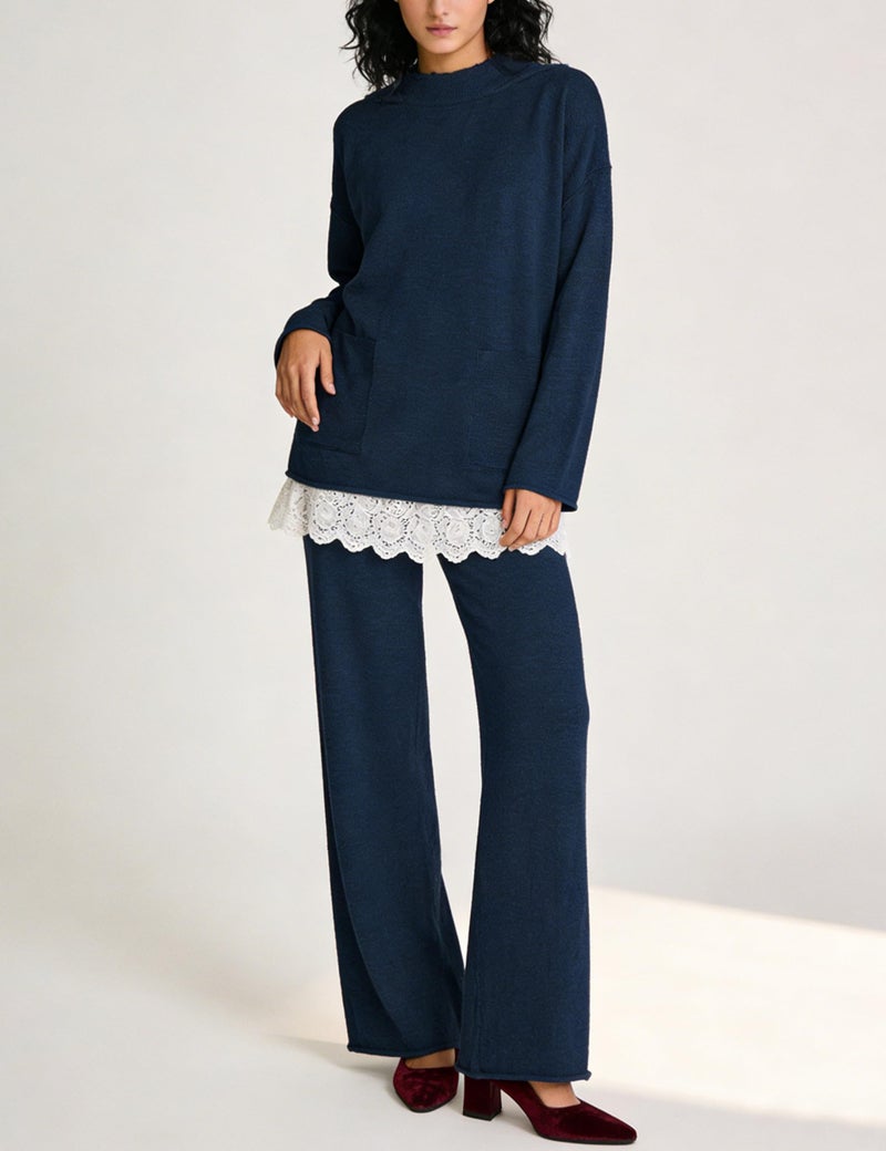 IQSQSQ Women's 2 Piece Sweater Set Long Sleeve Knit Top Wide Leg Pants Spring Fall Winter Casual Lounge Outfit(Navy-L) - Image 5