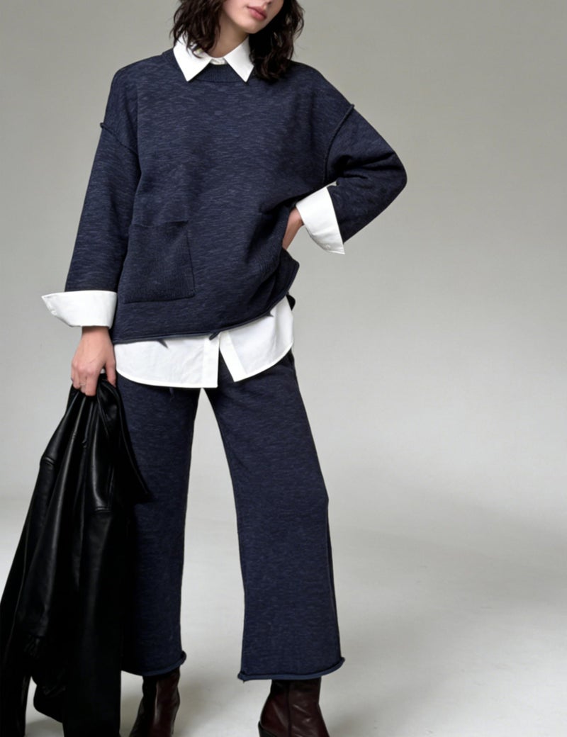 IQSQSQ Women's 2 Piece Sweater Set Long Sleeve Knit Top Wide Leg Pants Spring Fall Winter Casual Lounge Outfit(Navy-L) - Image 2