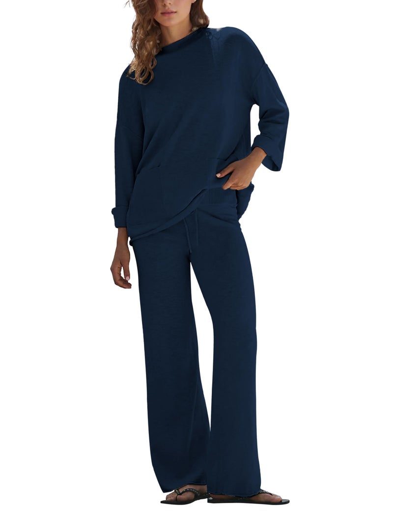 IQSQSQ Women's 2 Piece Sweater Set Long Sleeve Knit Top Wide Leg Pants Spring Fall Winter Casual Lounge Outfit(Navy-L) - Image 1