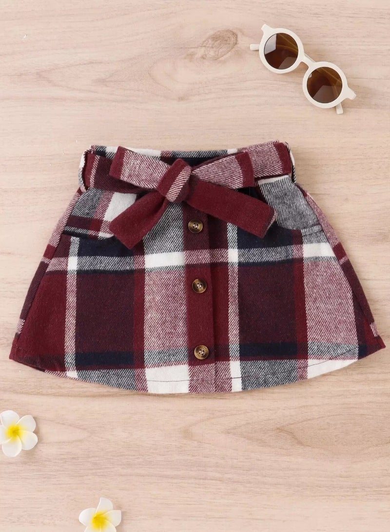 Toddler Girls Plaid Fake Button Slant Pockets Belted Wool-Mix Skirt - Image 1