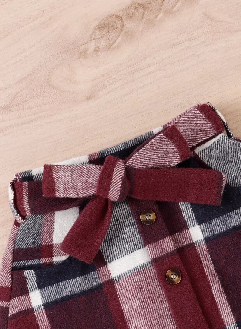 Toddler Girls Plaid Fake Button Slant Pockets Belted Wool-Mix Skirt - Image 4