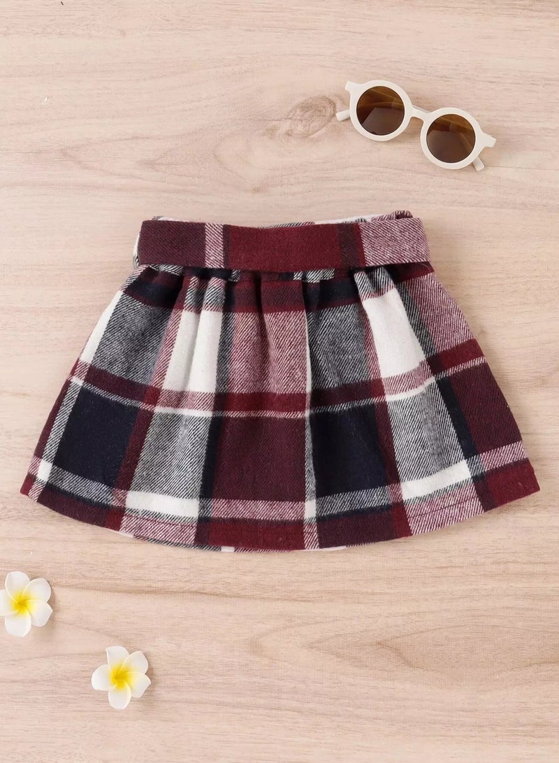 Toddler Girls Plaid Fake Button Slant Pockets Belted Wool-Mix Skirt - Image 2