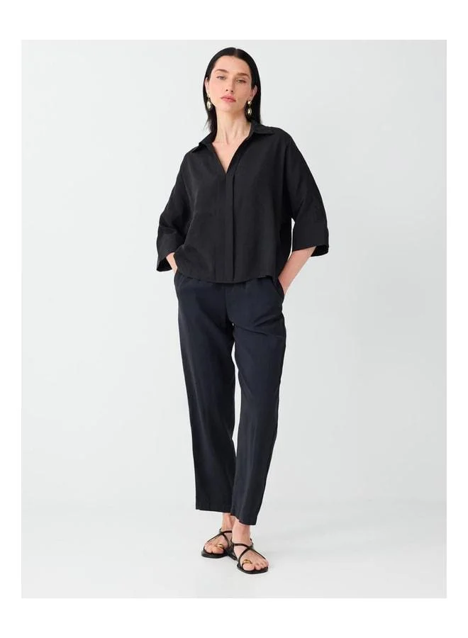 Jimmy Key Black Shirt Collar Truvakar Sleeve Modal Woven Blouse.