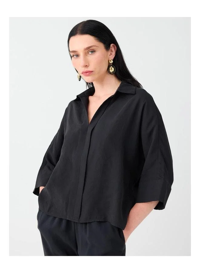 Jimmy Key Black Shirt Collar Truvakar Sleeve Modal Woven Blouse.
